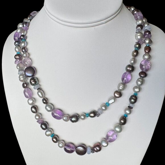 Honora 40 in Pearl & Amethyst Gemstone Necklace and Bracelets, Black, Silver - Picture 2 of 13